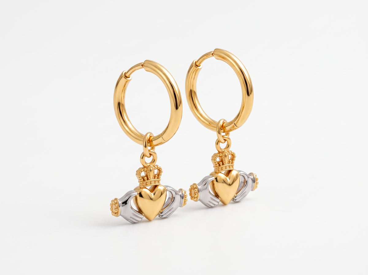Two-Tone Claddagh Huggie Drop Earrings